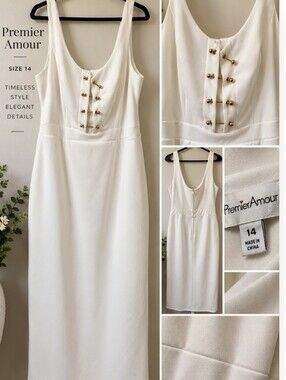 Permer Amour White Sleeveless Dress Size 14 Gold Button Front Elegant Cocktail